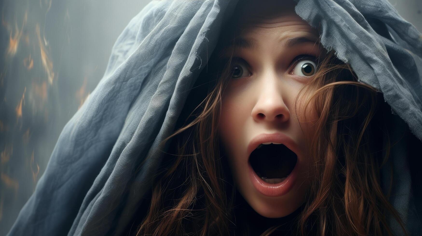 Frightened woman with open mouth under grey cloth photo