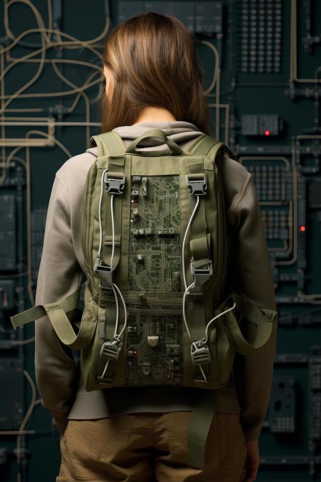 Futuristic backpack with circuit board design photo