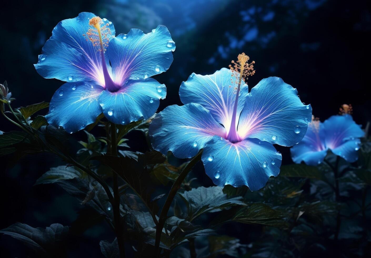 Vibrant blue hibiscus flowers in the night photo