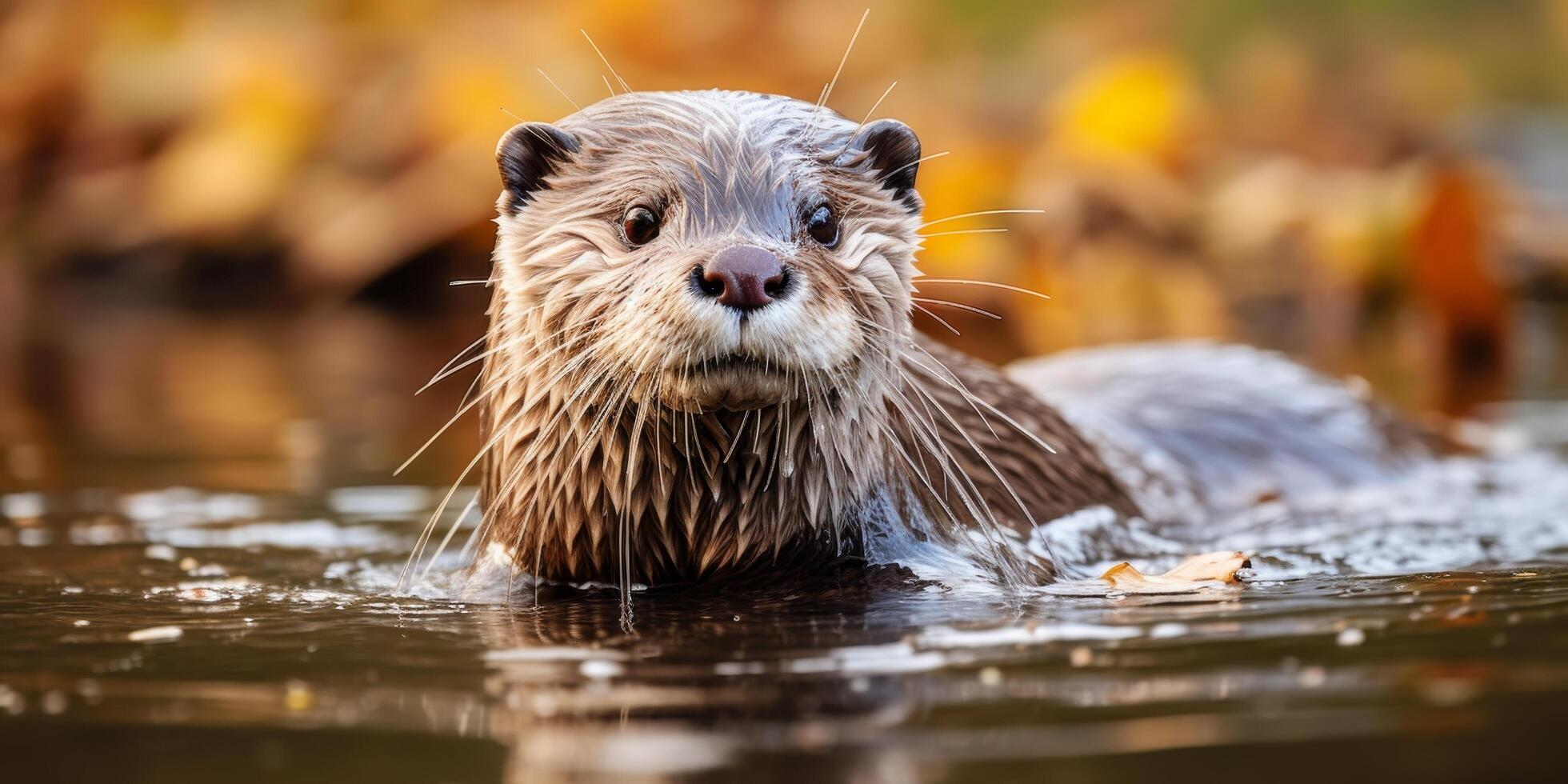 Curious otter swimming in river photo