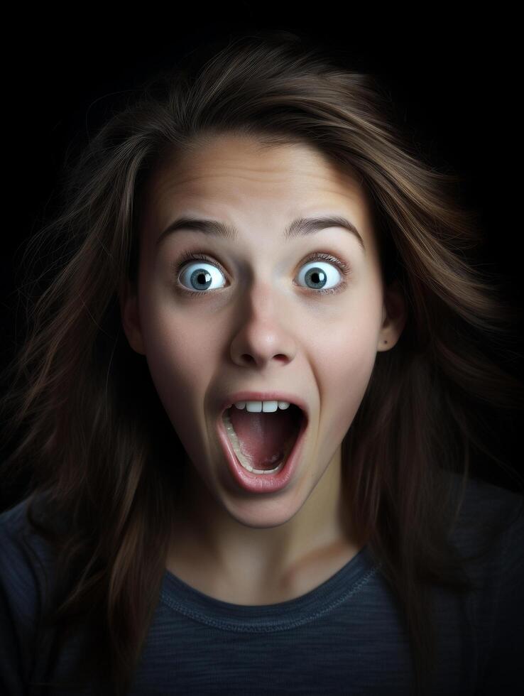 Surprised young woman with wide open eyes and mouth photo