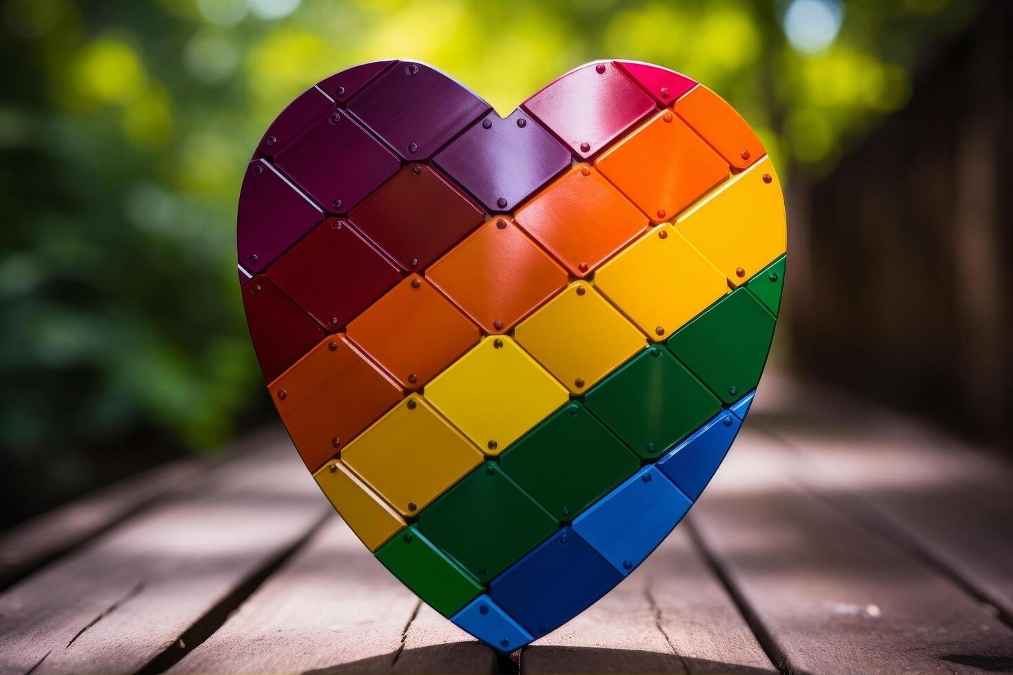 Colorful heart shaped art piece on wooden surface photo