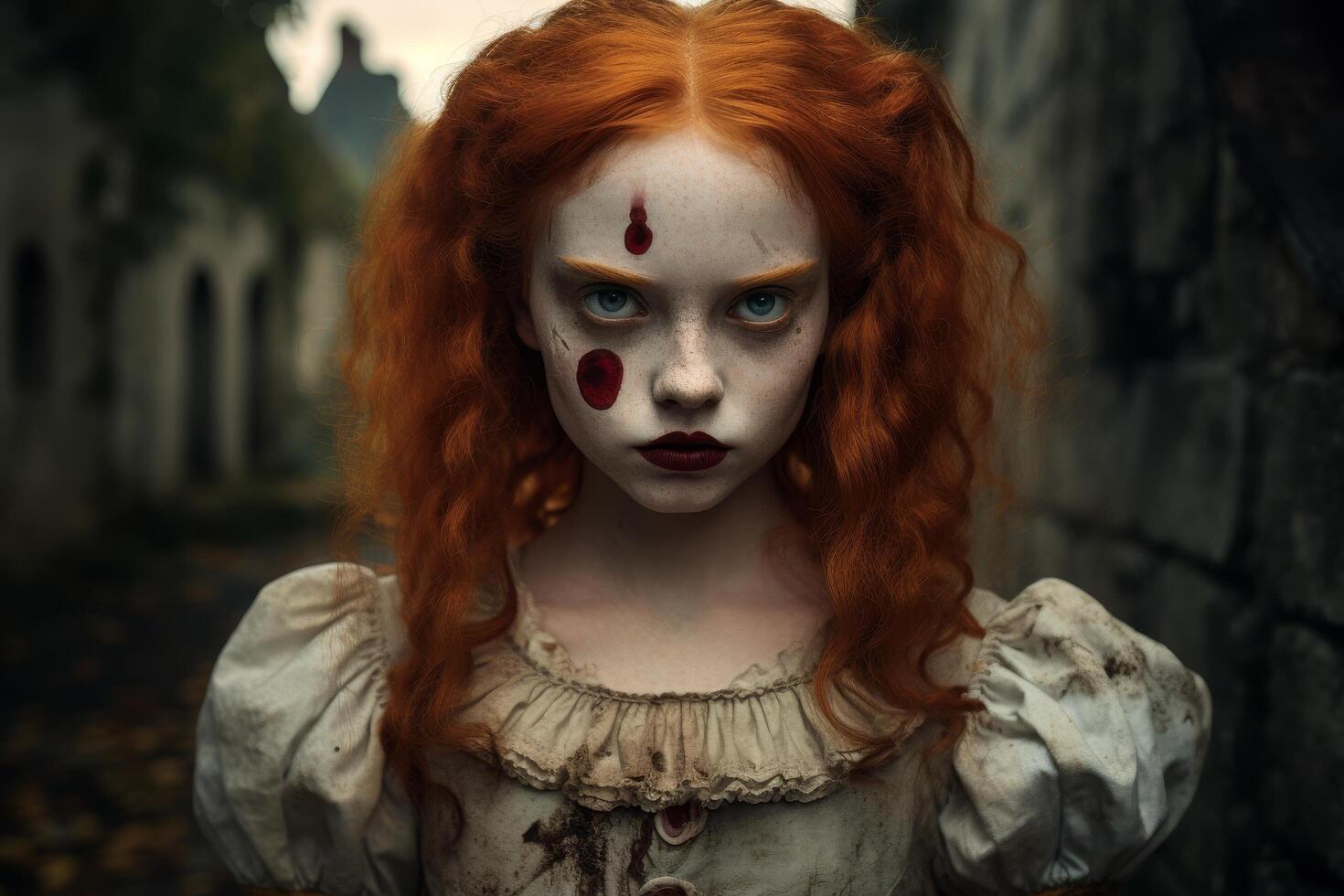 Creepy clown doll with red hair and makeup photo