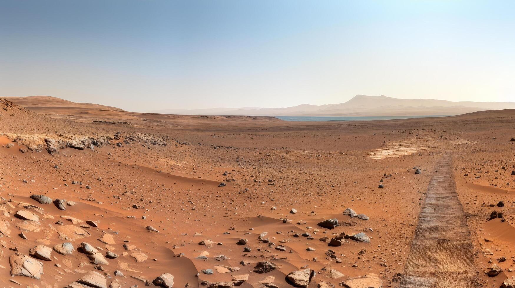 Vast desert landscape with rocky terrain and distant mountains photo