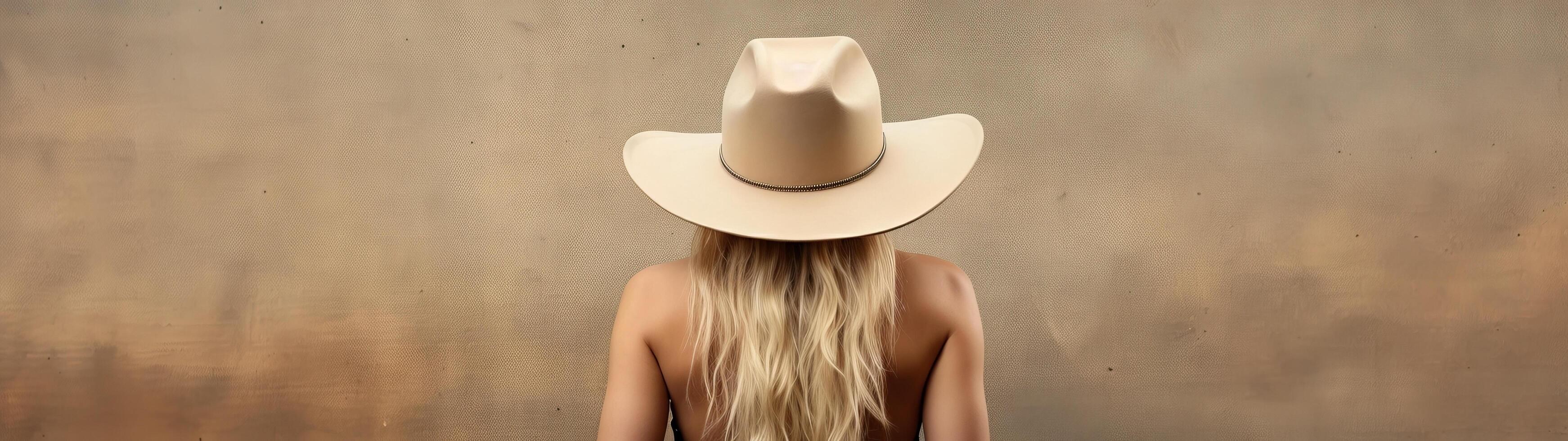 woman in cowboy hat standing in front of textured wall photo