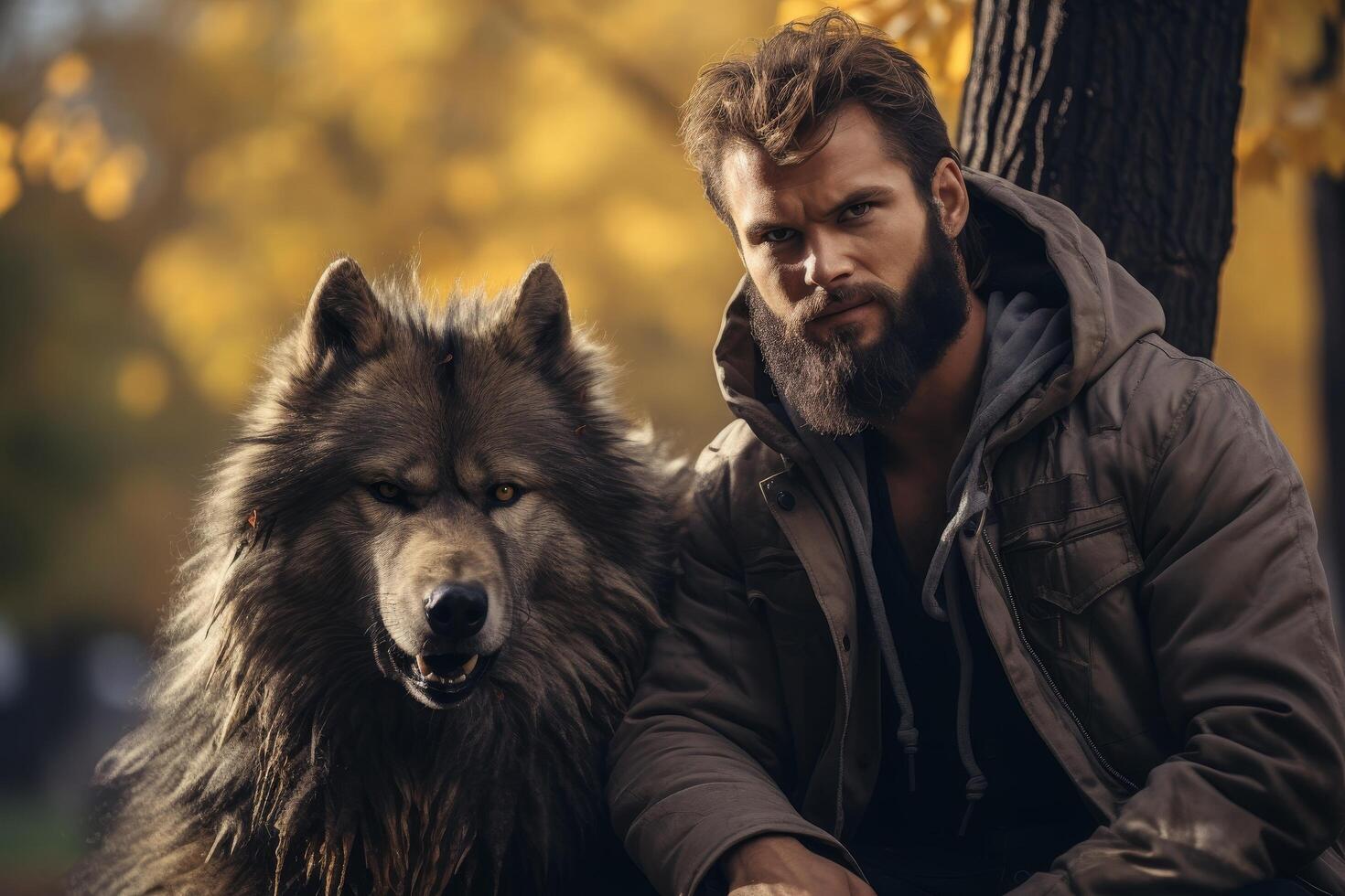 man with bearded face petting large black dog in autumn forest photo