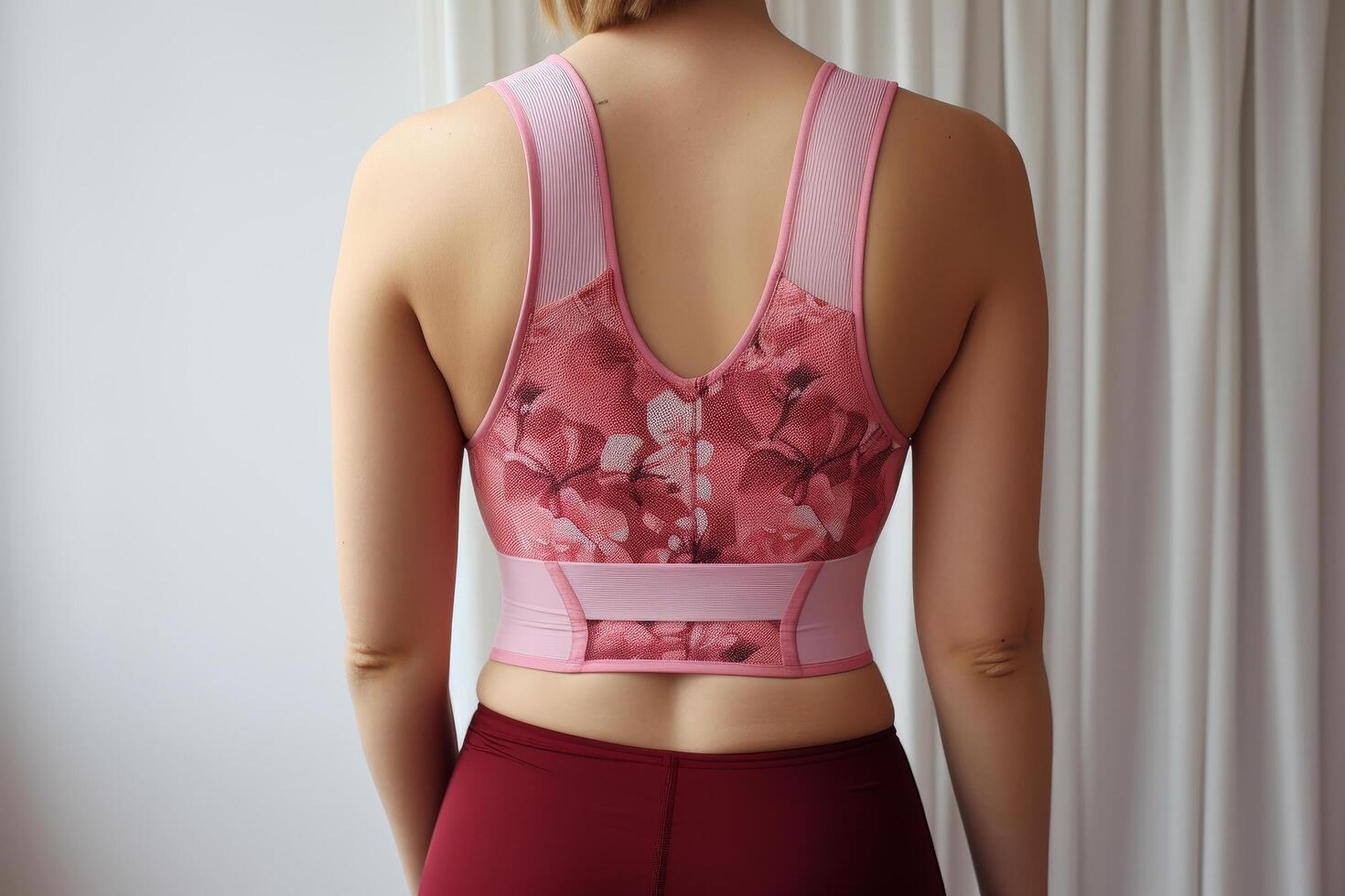 Closeup of womans back in pink floral sports bra photo
