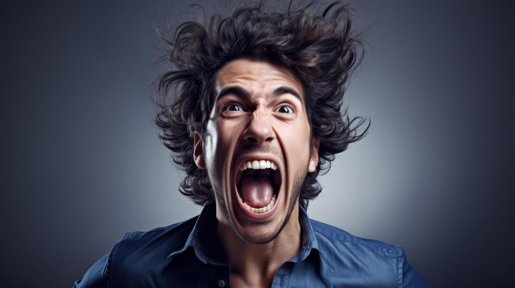 Intense emotional expression of a man with wild hair photo