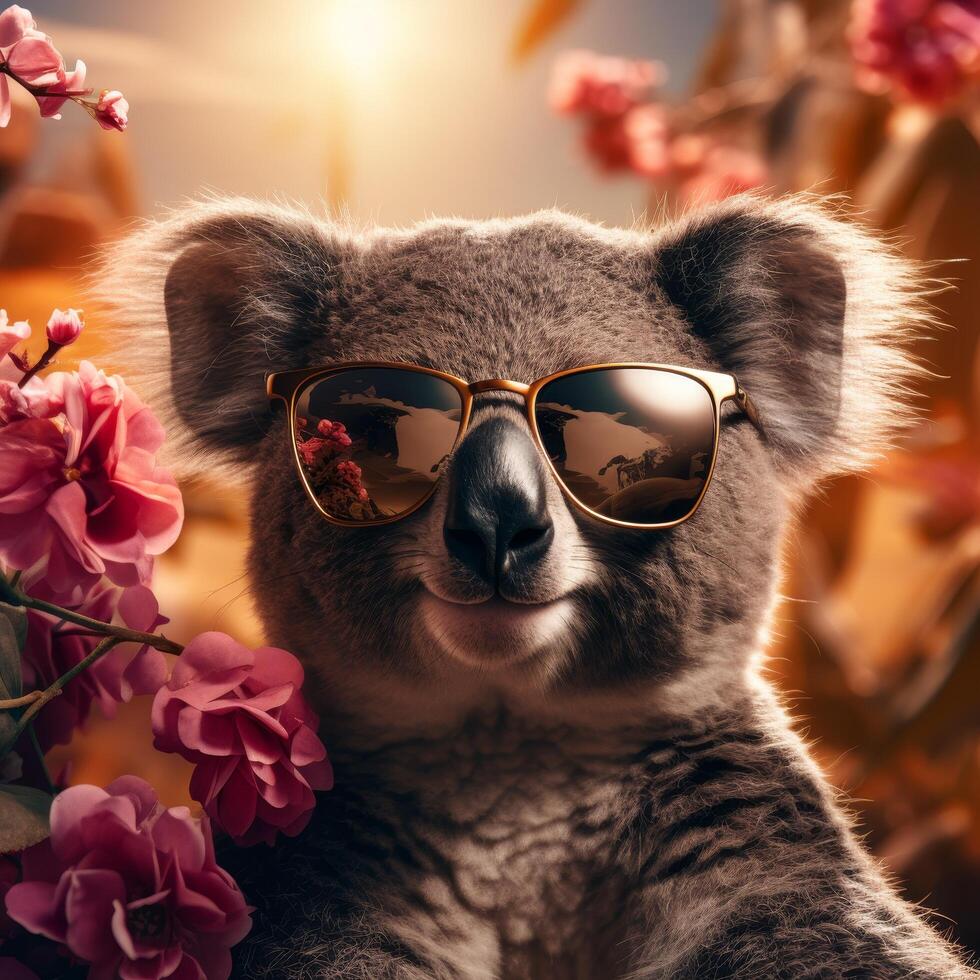Adorable koala wearing sunglasses surrounded by pink flowers photo