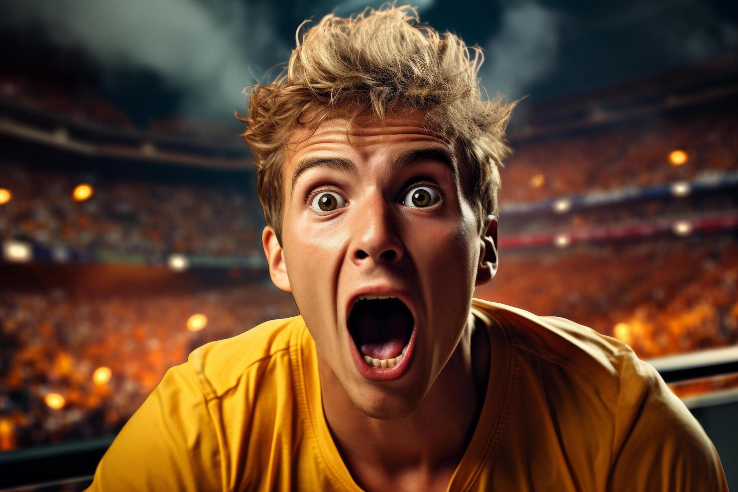 Excited sports fan cheering in stadium photo