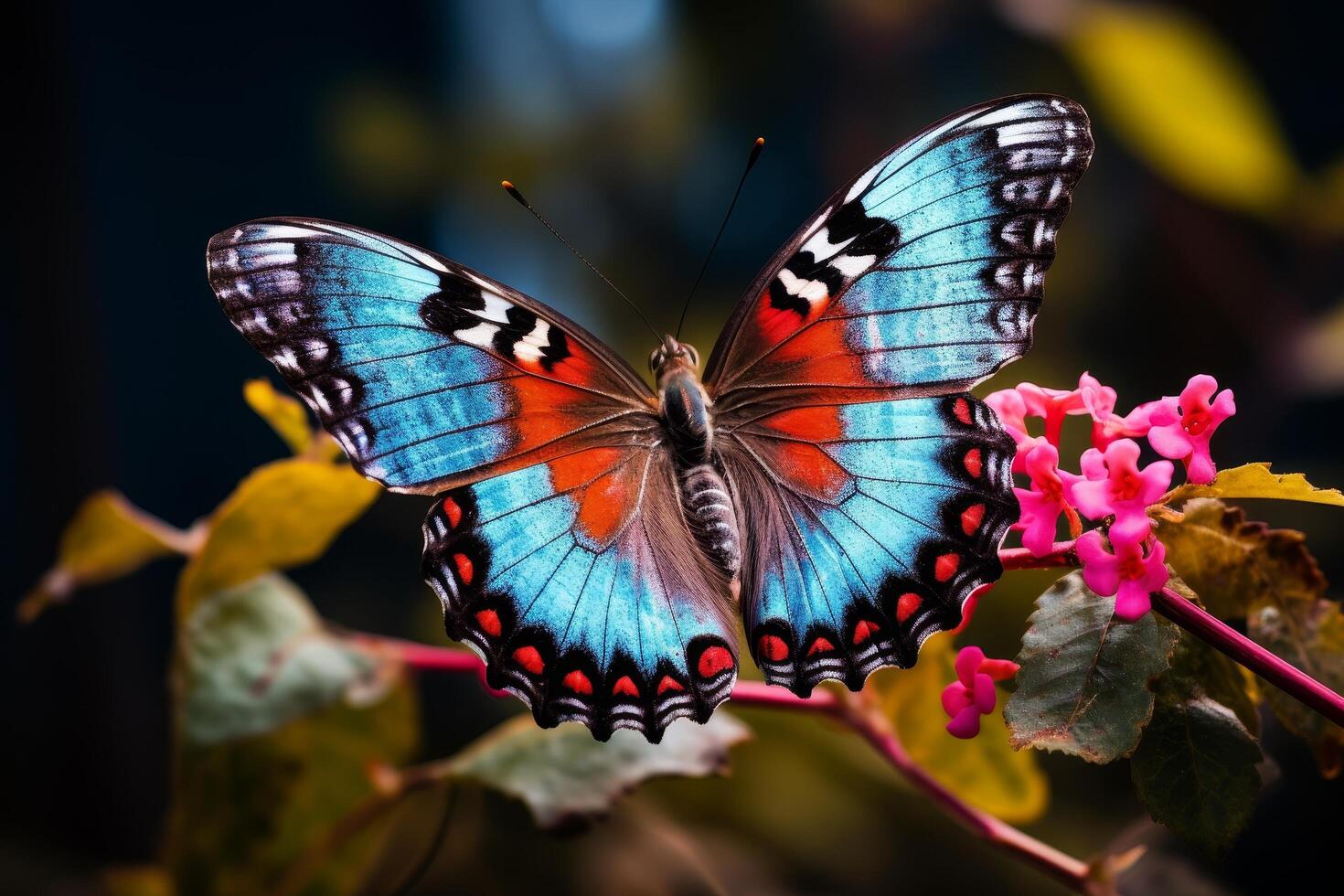 Vibrant blue and orange butterfly on pink flower photo