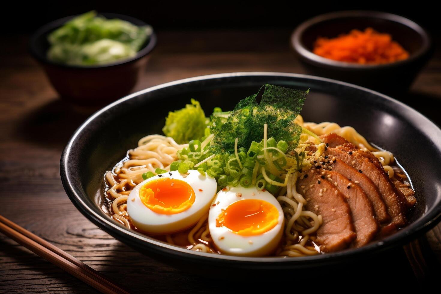 Delicious japanese ramen noodle bowl with soft boiled eggs photo