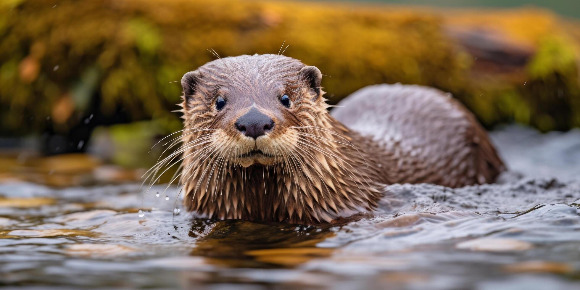 close up of a wet otter swimming in a river photo