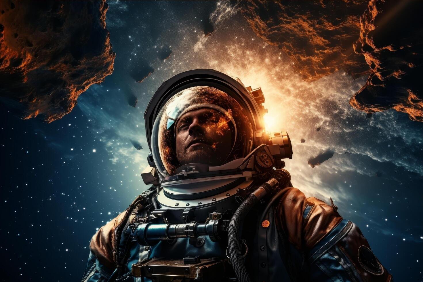Astronaut in space suit against fiery cosmic backdrop photo