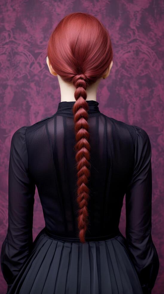 Braided hairstyle on a woman wearing a black dress photo