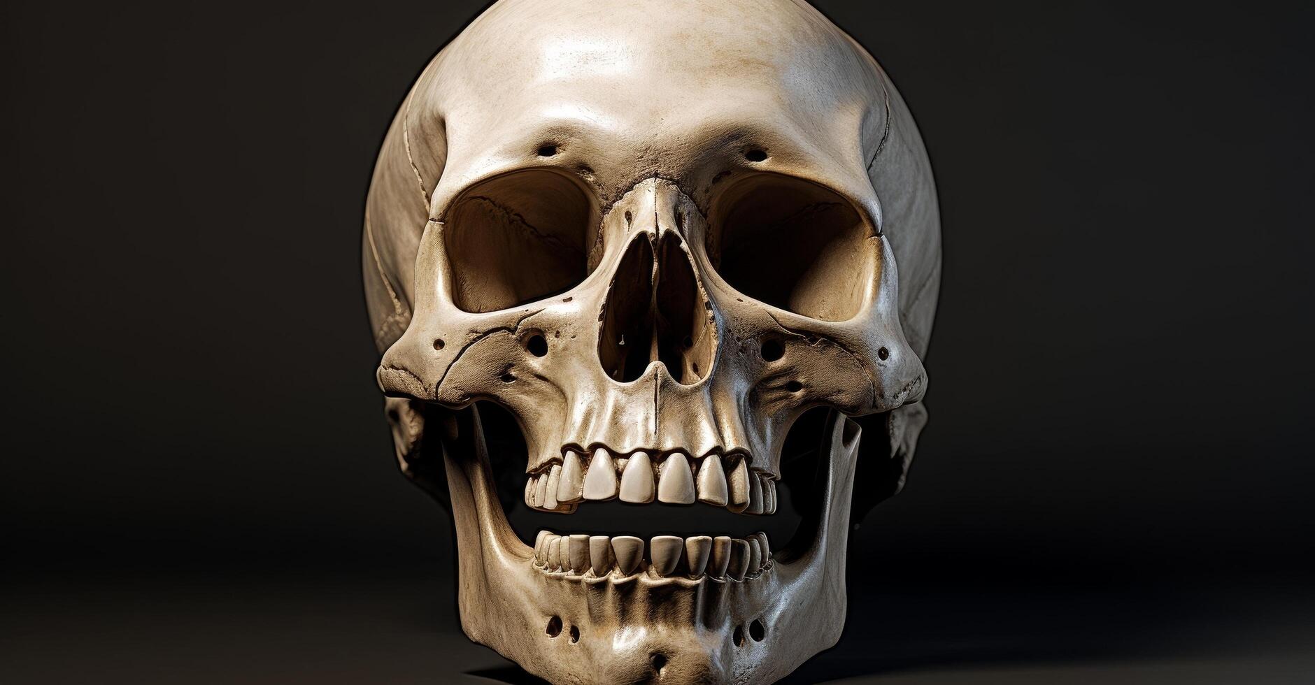 Detailed human skull in dark setting photo