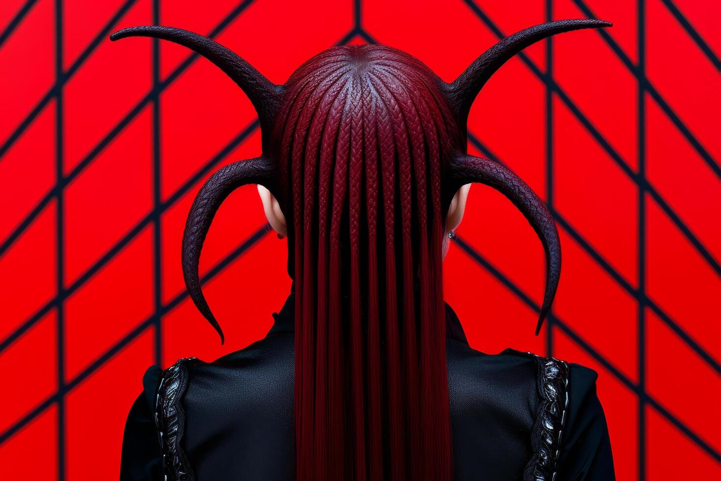 Mysterious dark figure with horns against a red background photo