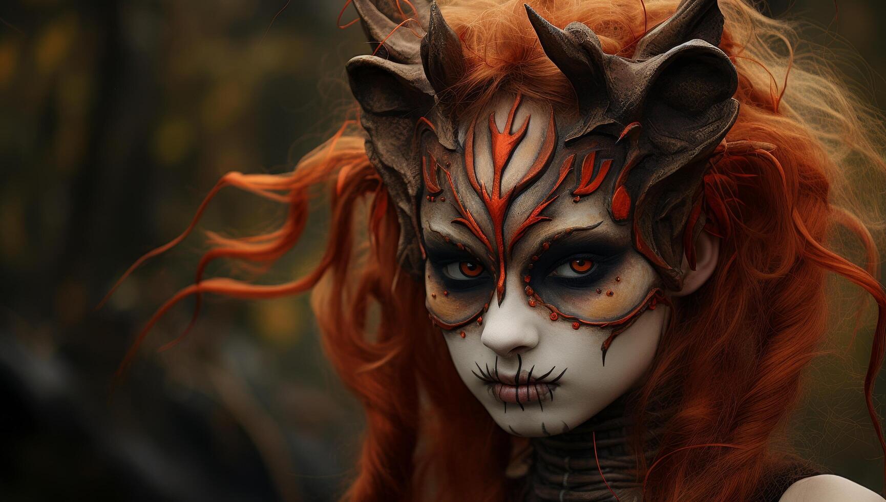 Mysterious woman with dark makeup and horned headdress photo