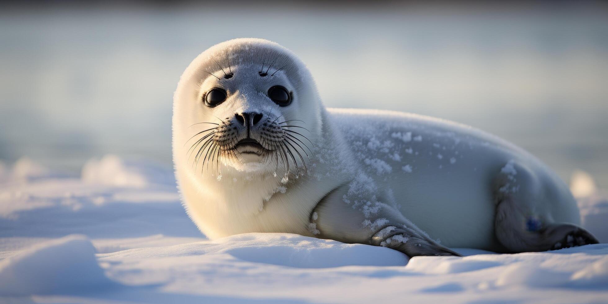 Adorable baby harp seal resting on snow photo