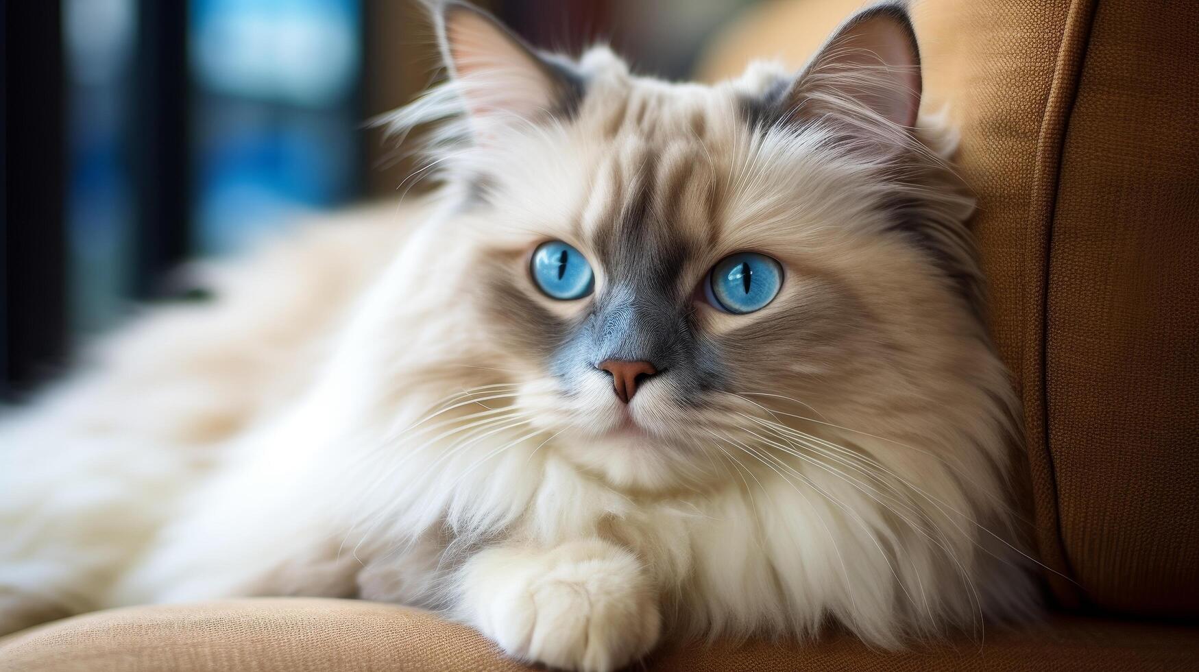Fluffy white cat with blue eyes photo