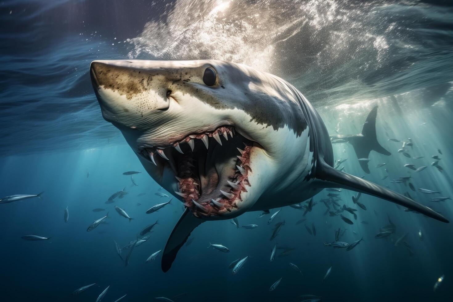 Ferocious great white shark with open jaws in the ocean photo