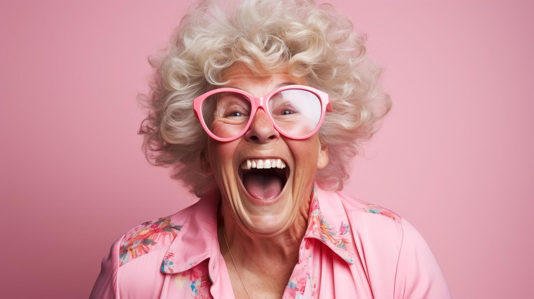 Cheerful senior woman with curly hair and pink glasses photo