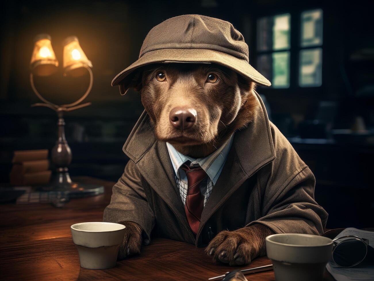 detective dog in suit and hat sitting at desk photo