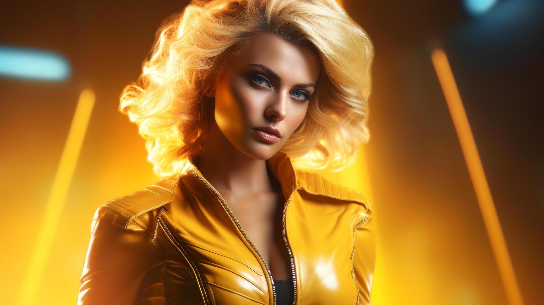 Glamorous woman in yellow leather jacket photo