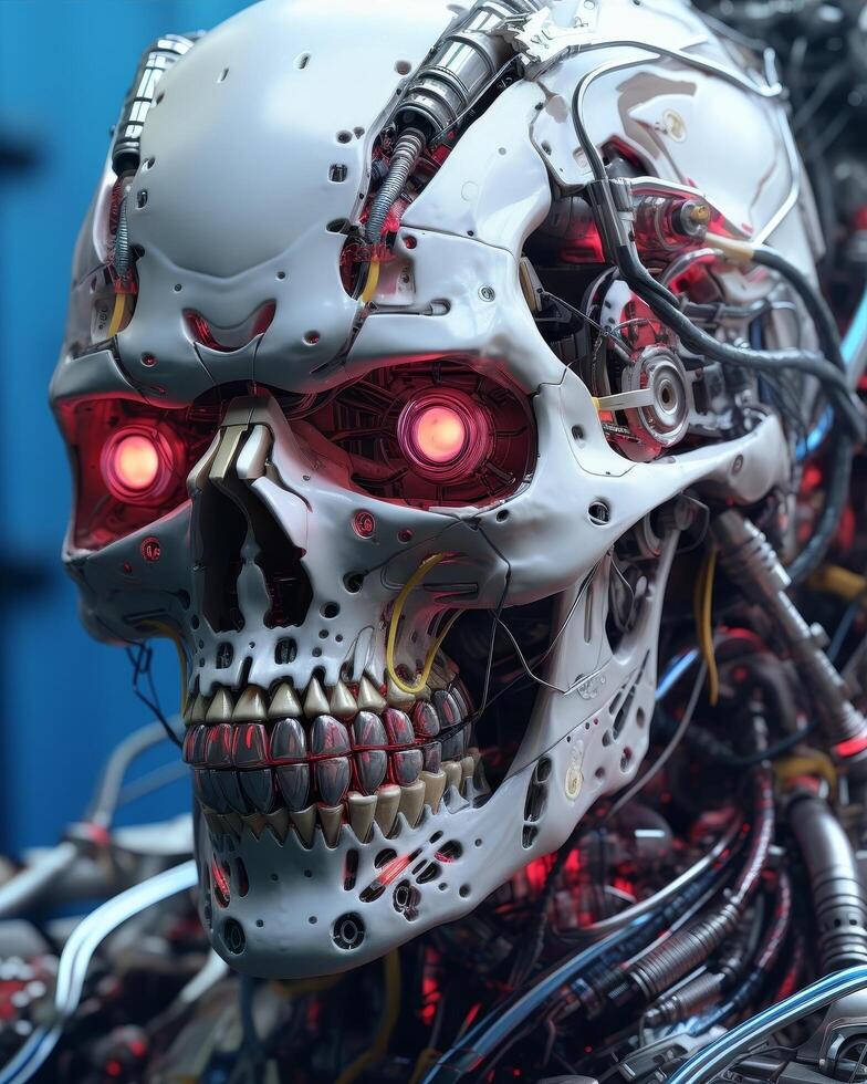 Futuristic robot skull with glowing red eyes photo