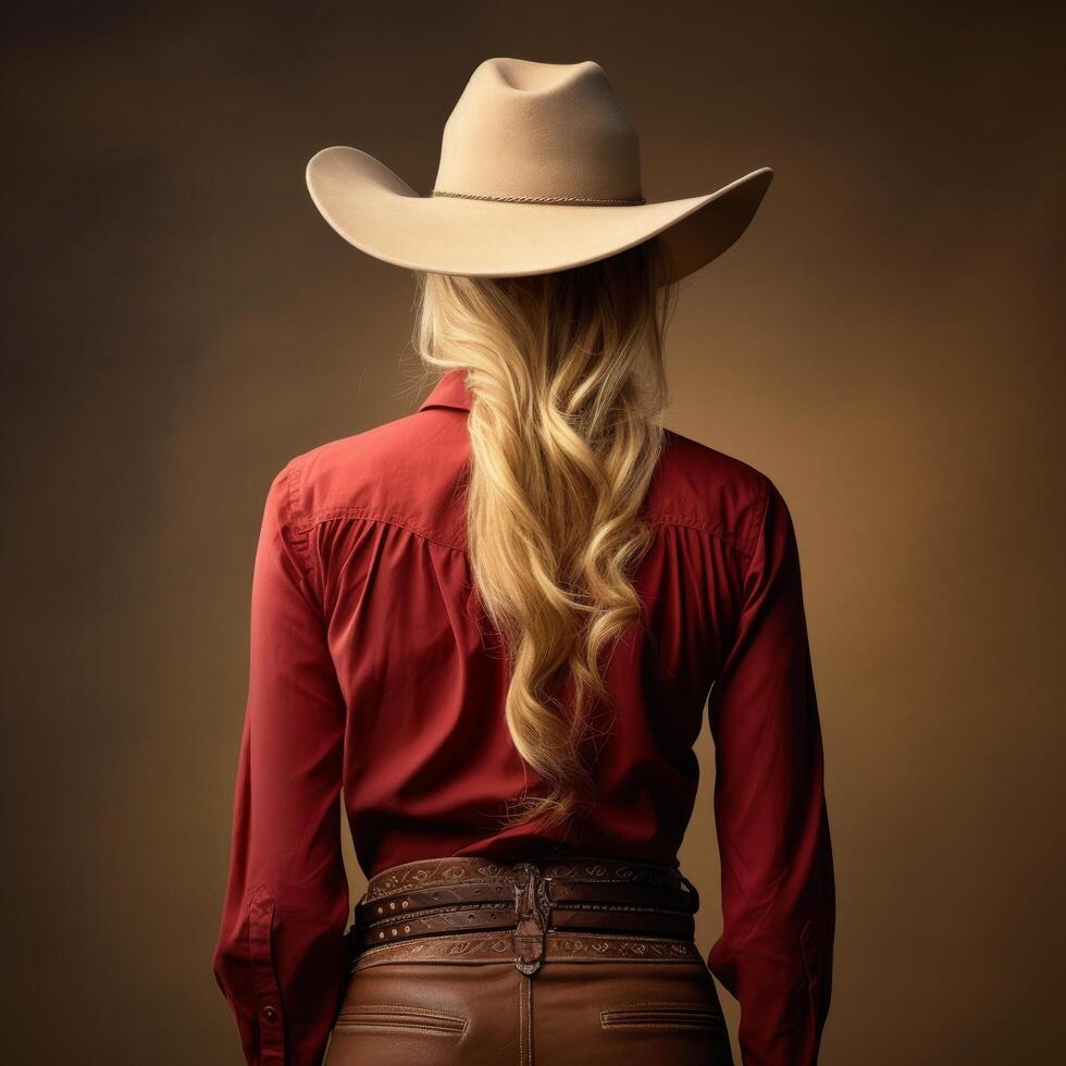 Cowgirl in red shirt and hat photo