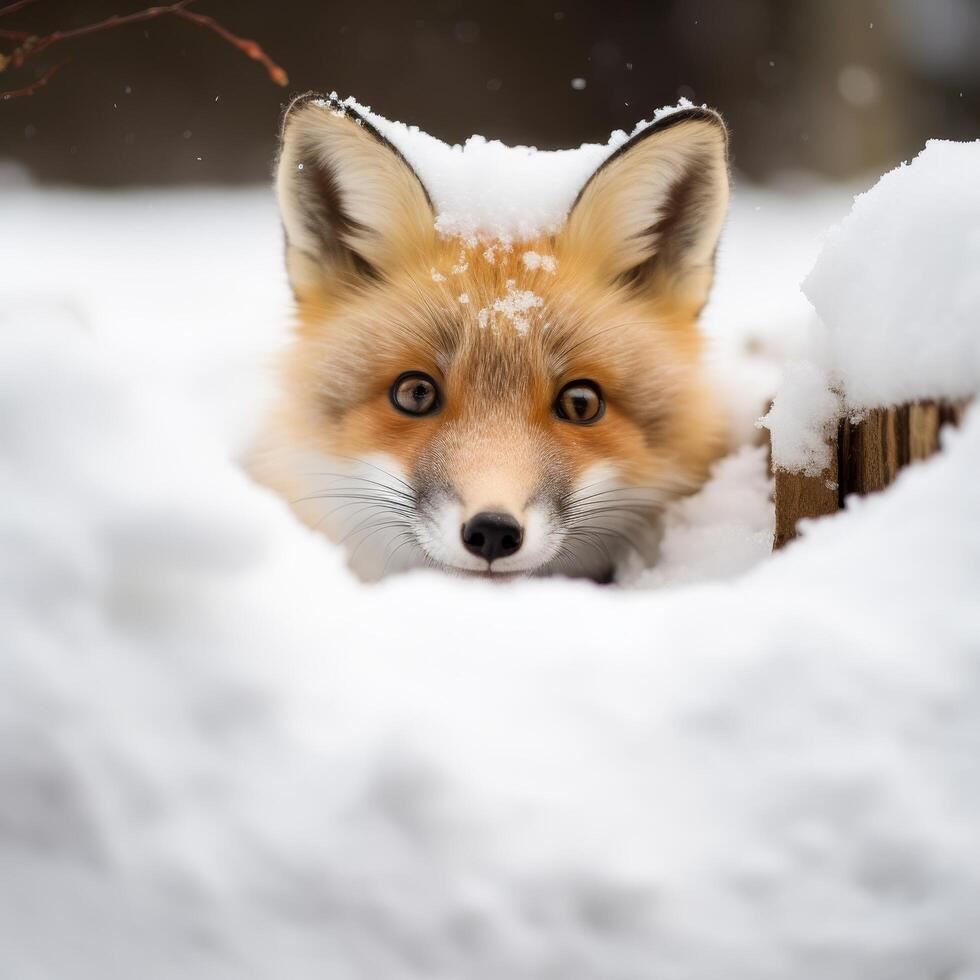Curious fox peeking through the snow photo