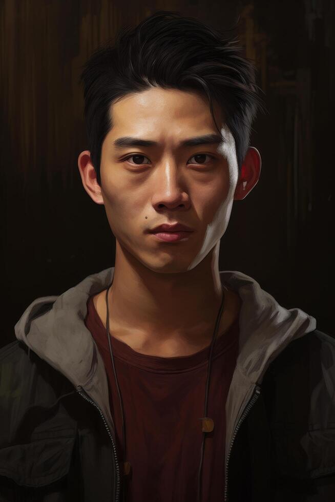 Serious young asian man with dark hair and intense expression photo