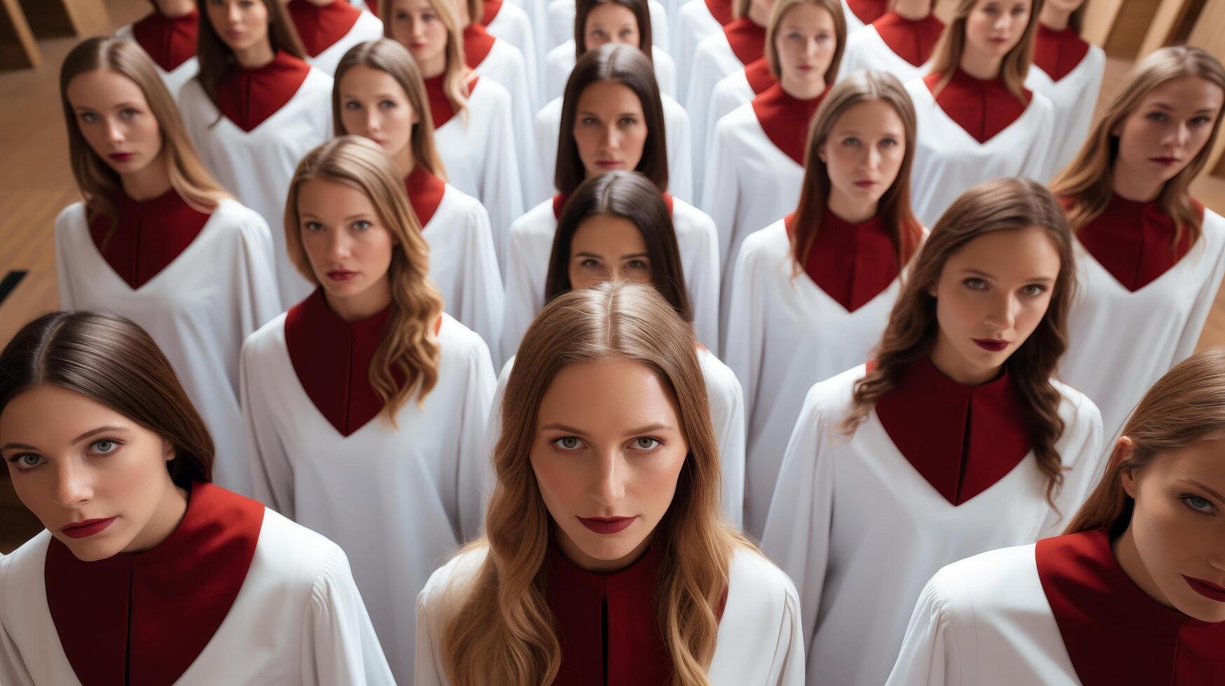 group of women in white robes and red scarves photo