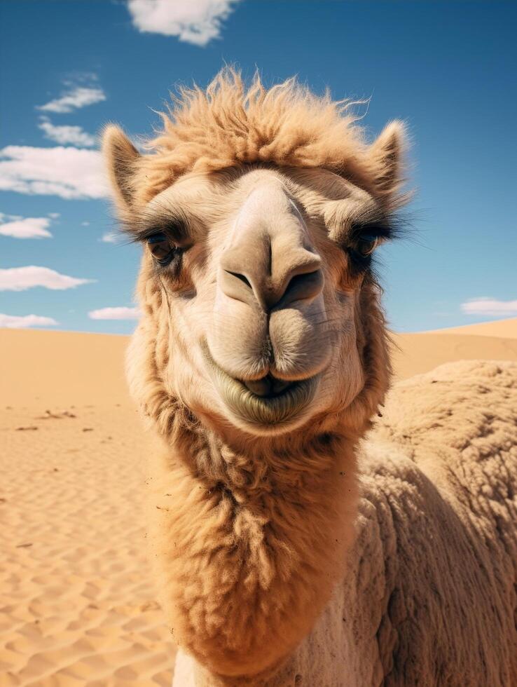 Smiling camel in desert landscape photo