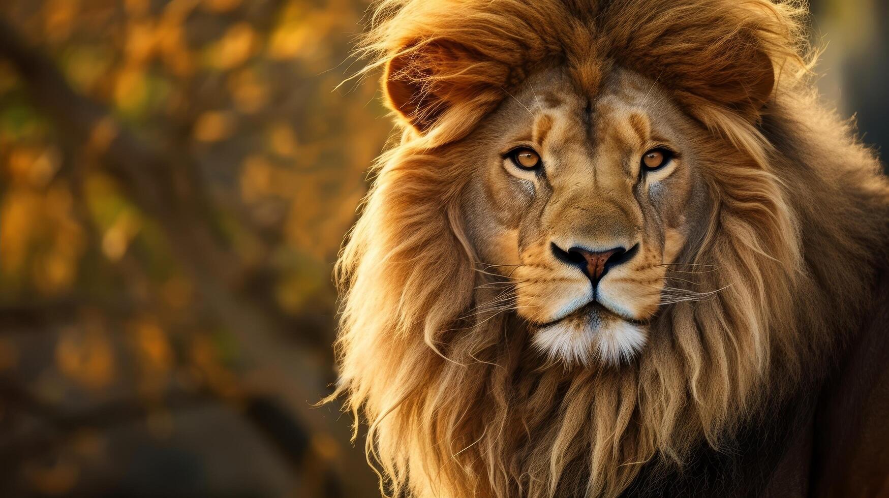 Majestic lion with flowing mane in autumn forest photo