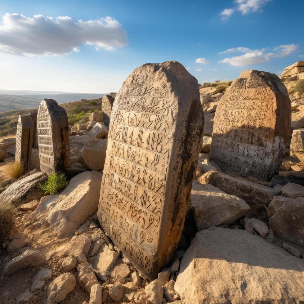 ancient carved stone tablets in desert landscape photo