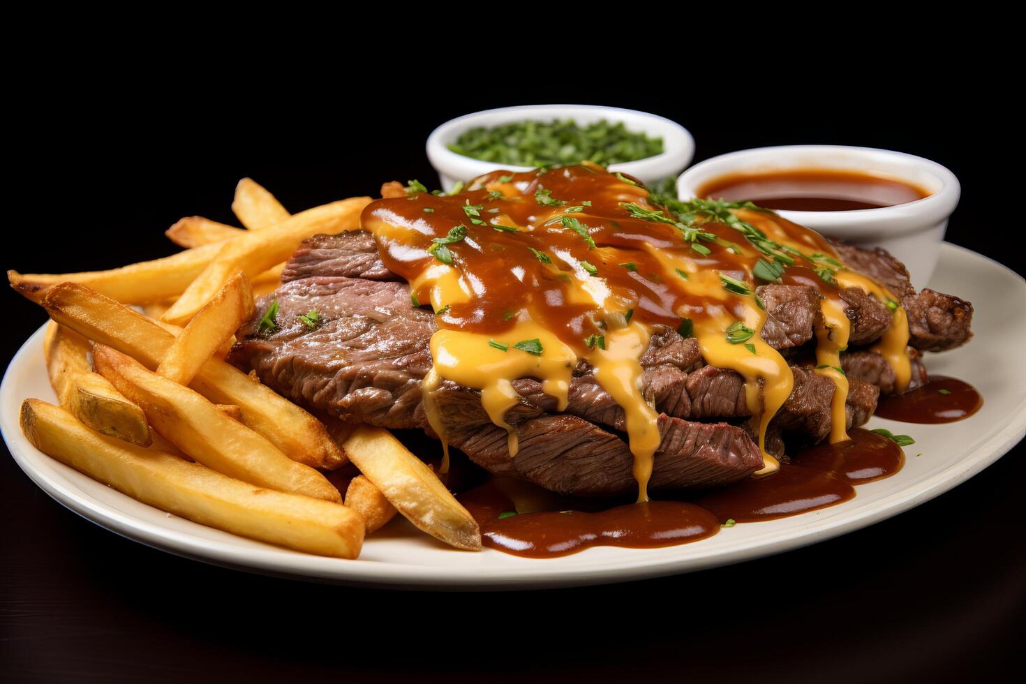Delicious steak and fries with savory sauce photo