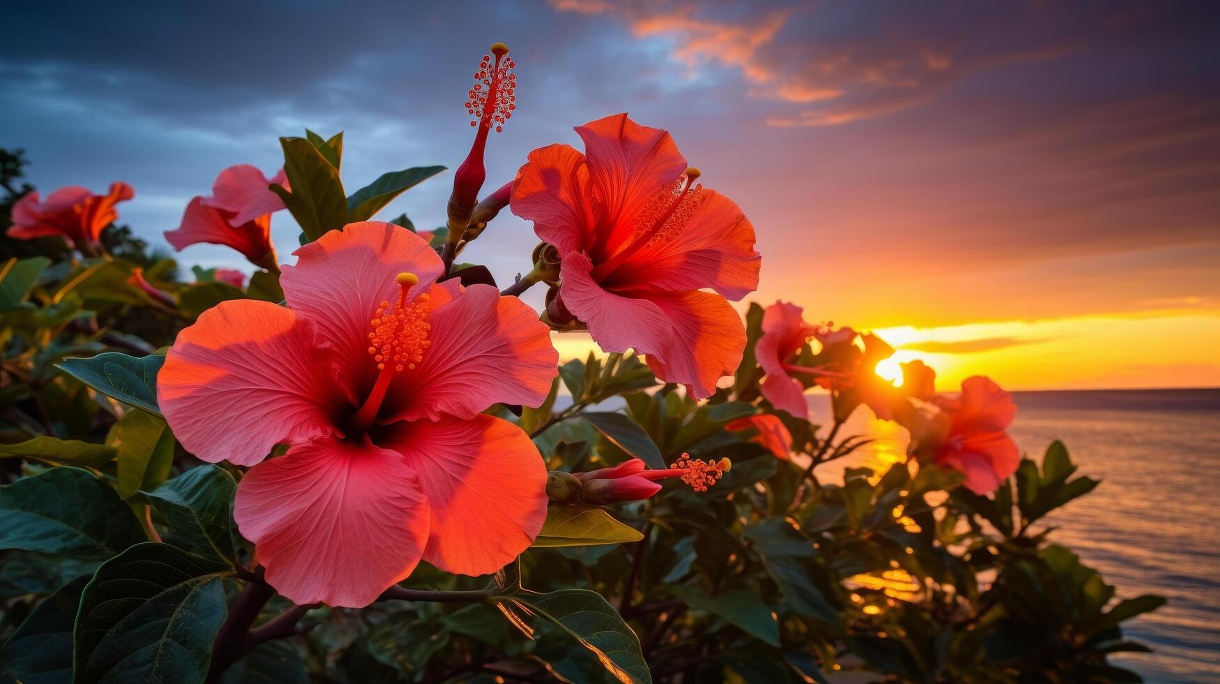 Vibrant hibiscus flowers against a stunning sunset over the ocean photo
