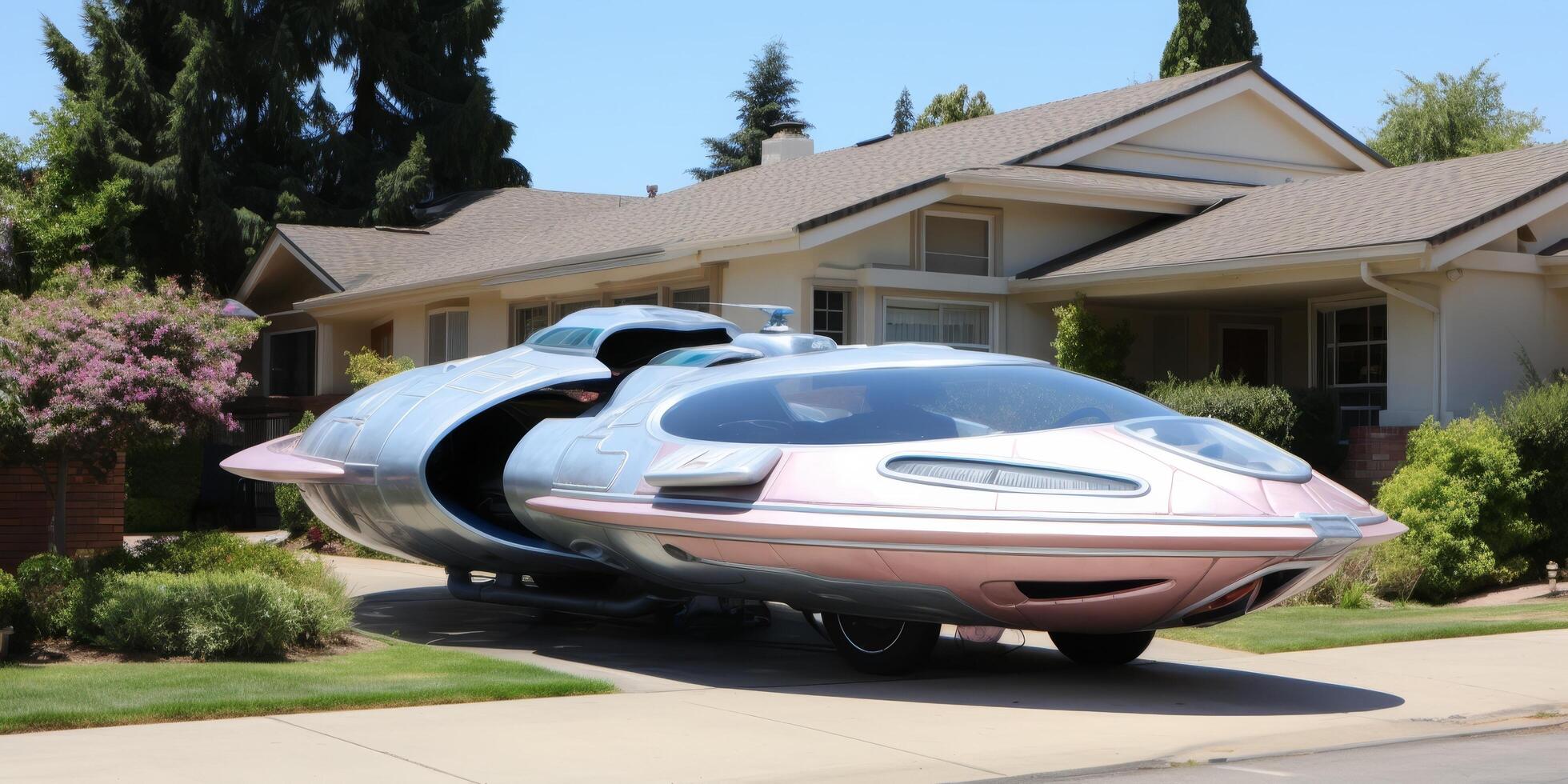 Futuristic flying car parked in front of suburban house photo