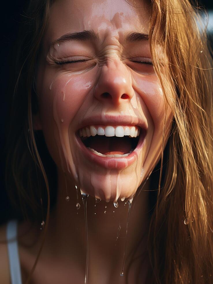 Joyful woman laughing with water droplets on face photo