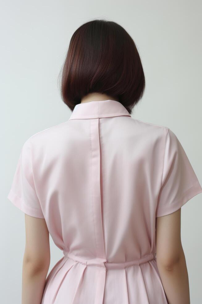back view of woman with dark hair wearing pink dress photo