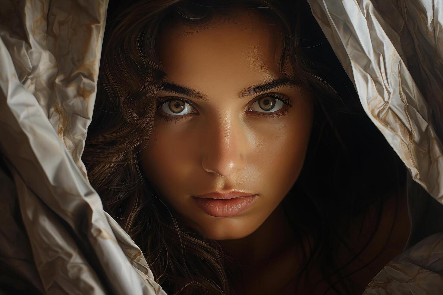 mysterious woman with dark hair and piercing eyes photo
