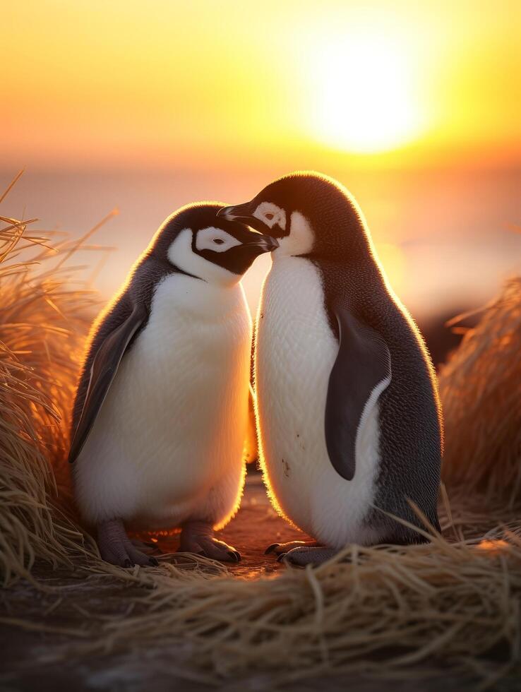 Adorable penguin chicks cuddling at sunset photo