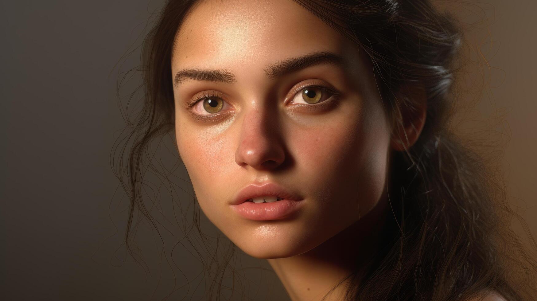 Thoughtful young woman with dark hair photo