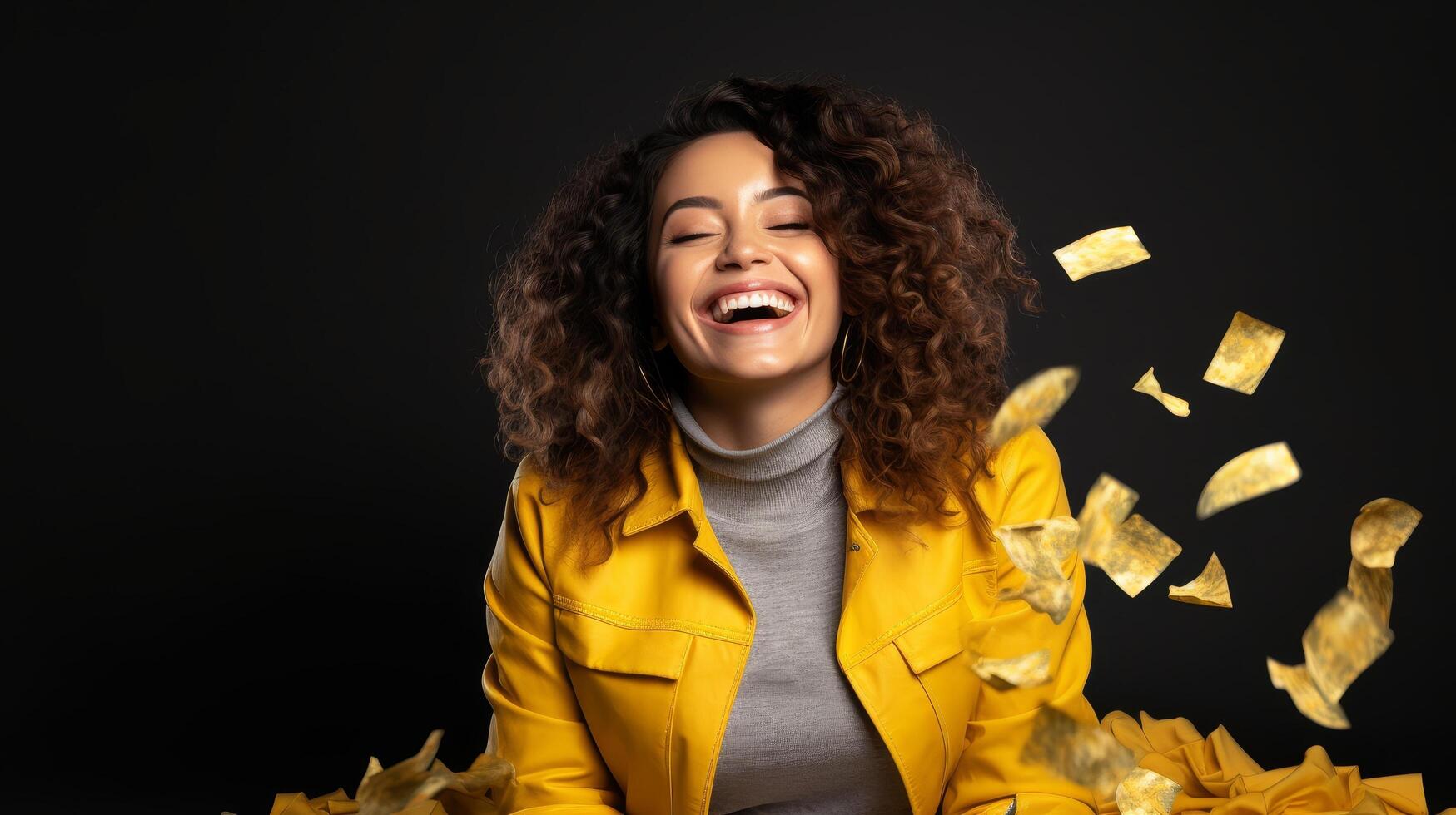 Joyful woman laughing with curly hair in yellow jacket photo