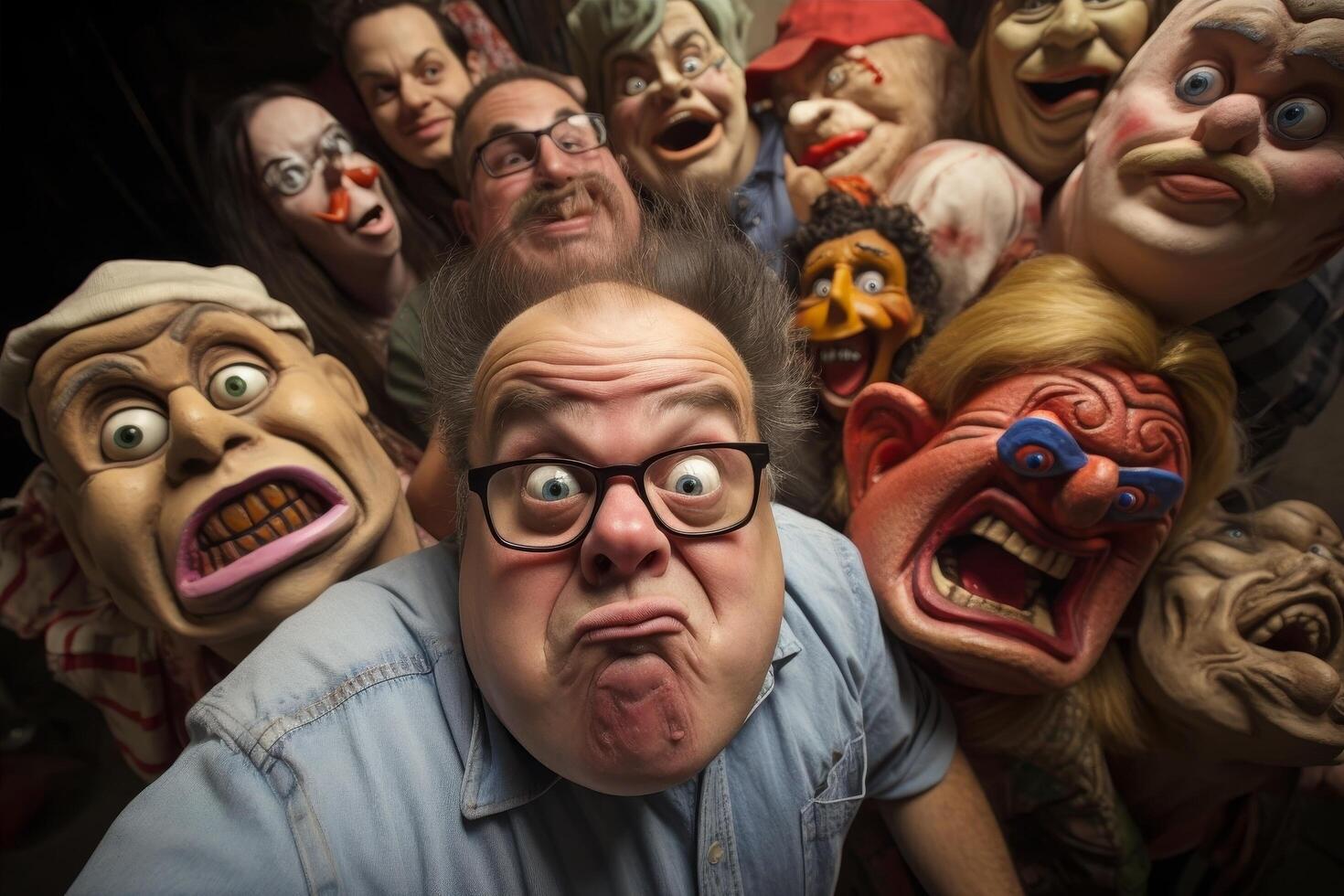 Eccentric man surrounded by strange and unsettling masks photo