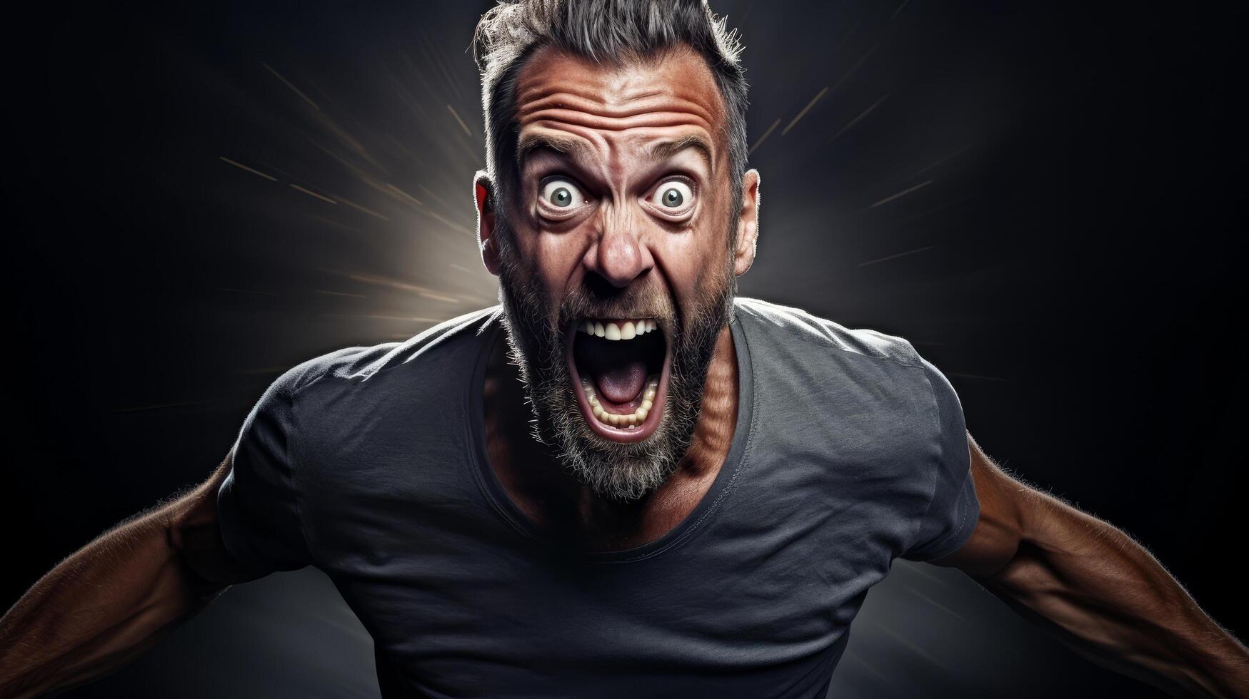 Intense expression of a bearded man with wide eyes and open mouth photo