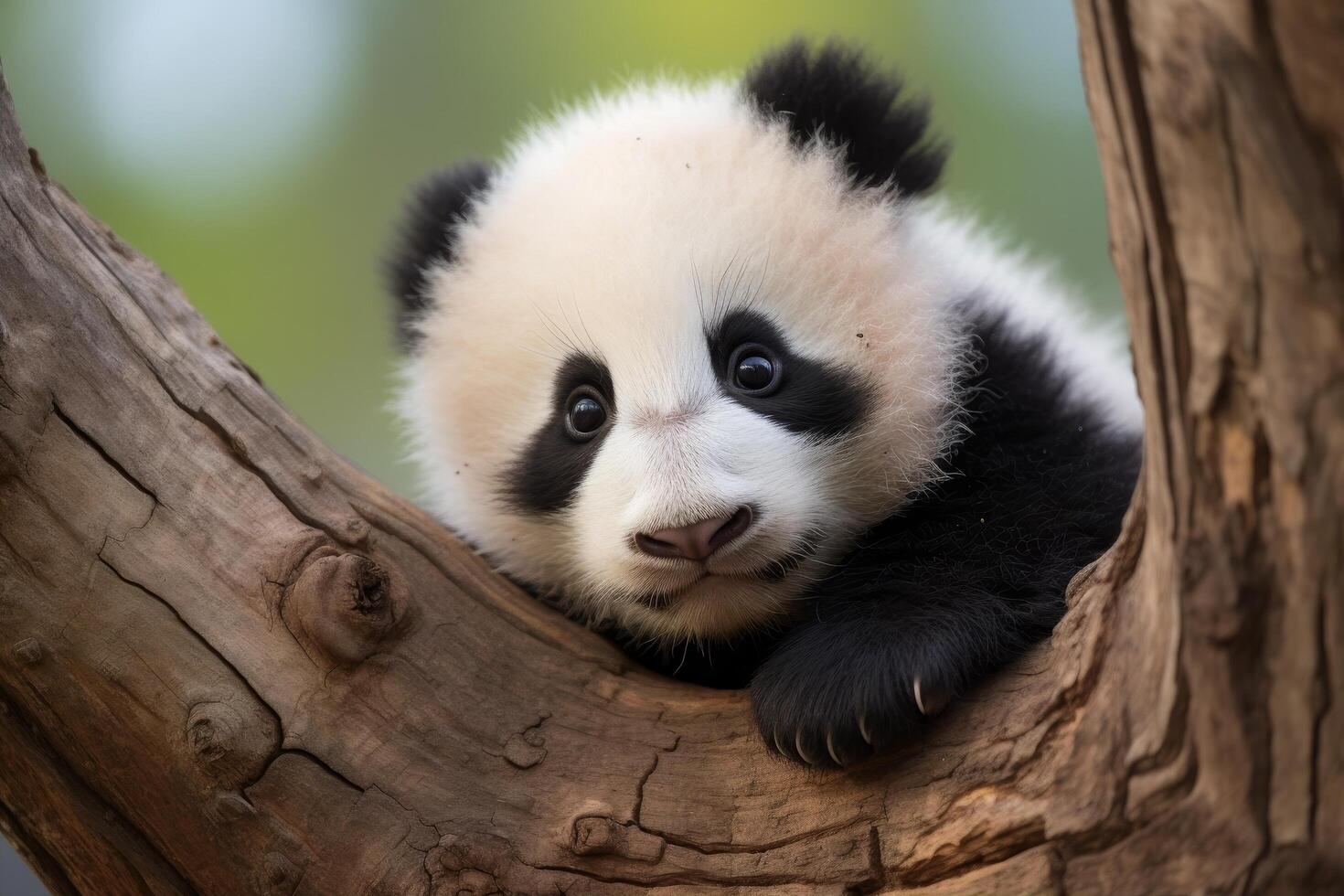 Adorable panda bear cub in tree photo