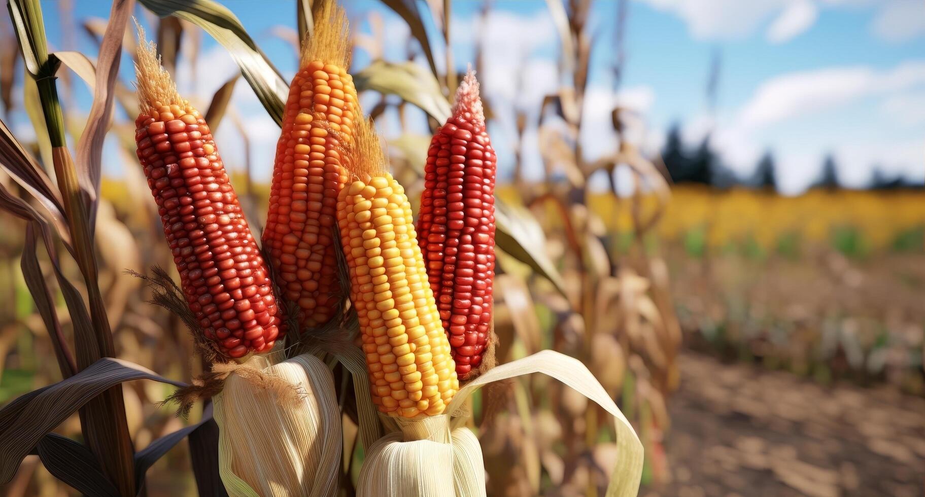 Ripe corn cobs on stalks in a field photo