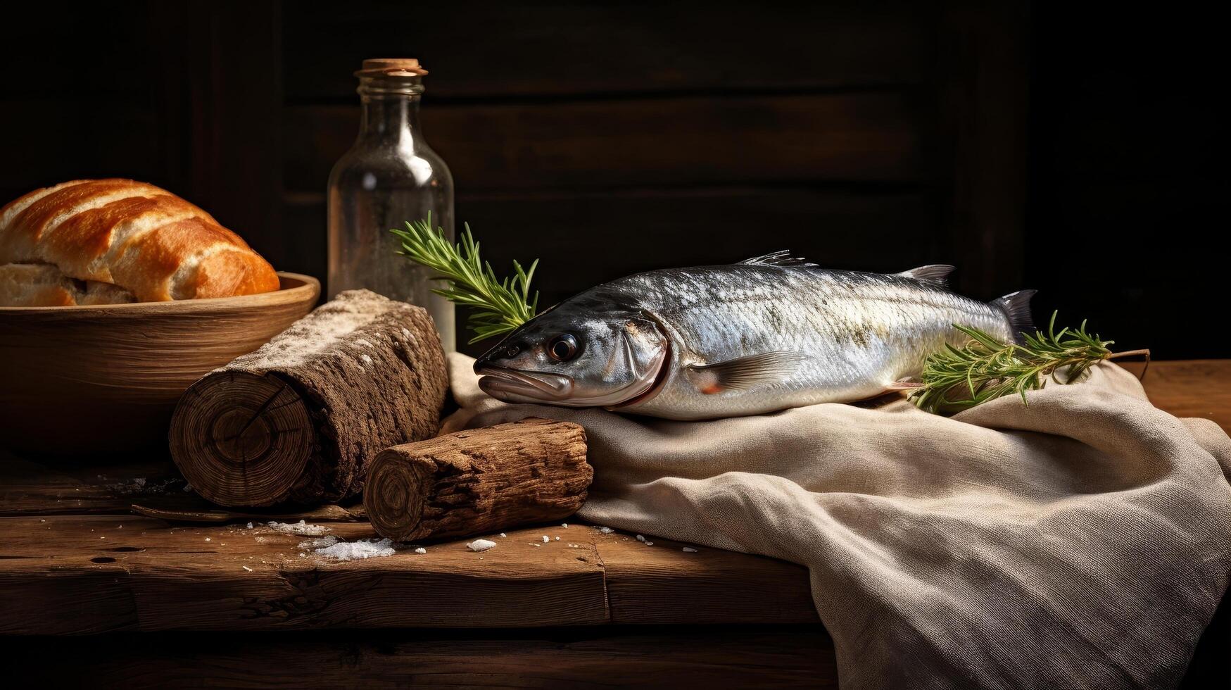 fresh fish with herbs and bread on wooden table photo
